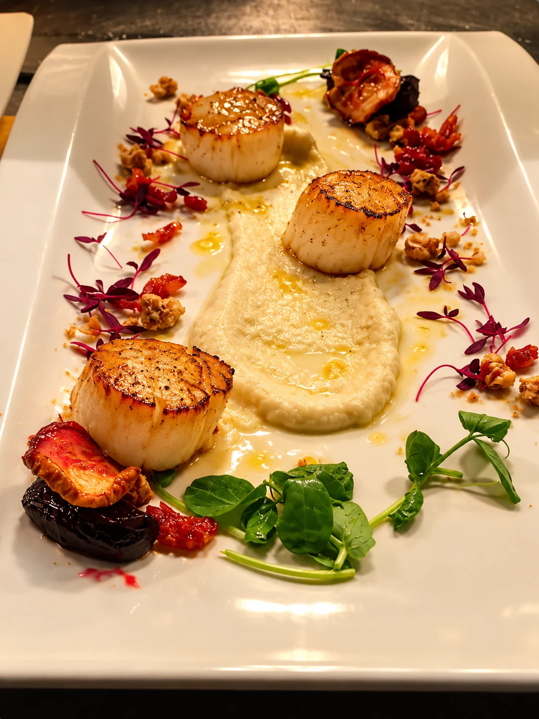 Golden seared scallops beautifully plated with garnishes
