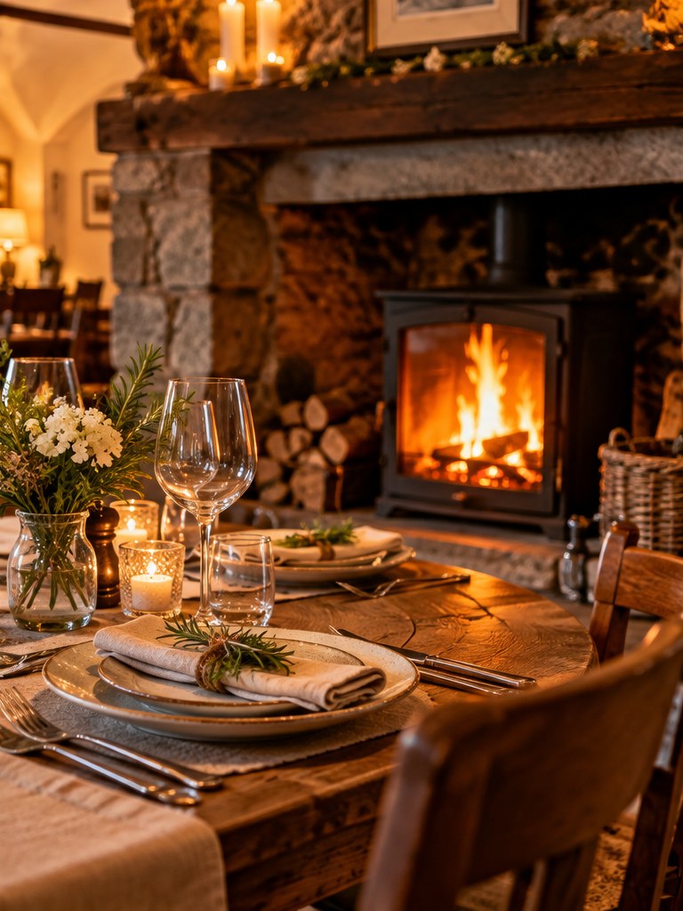 Warm fireside private dining table set for a special meal